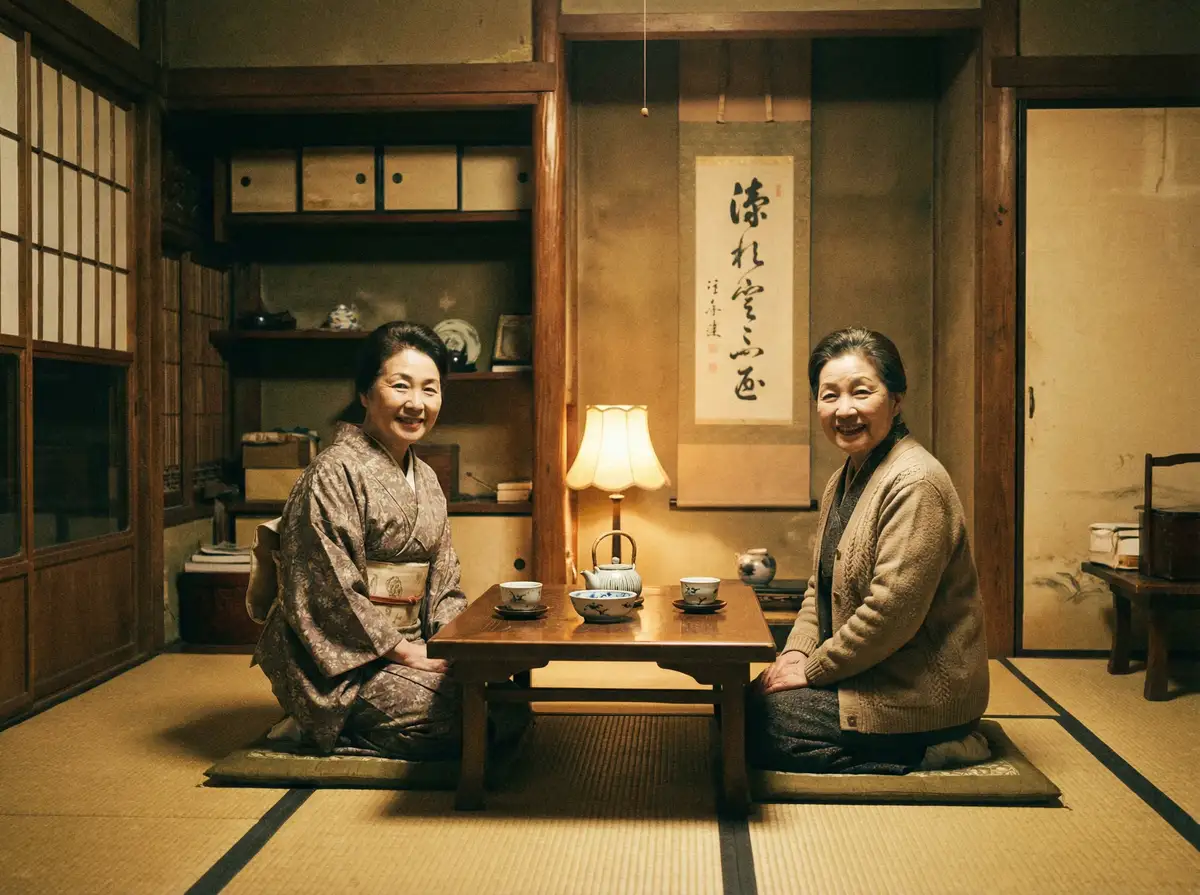 两位优雅的 稀缺资源 在日式茶室中品茶交谈